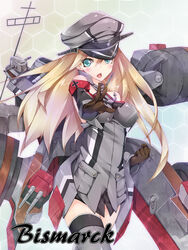  aqua_eyes armband bismarck_(kancolle) bismarck_kai_(kancolle) blonde_hair blush cannon character_name commentary_request cross female hat highres iron_cross kantai_collection long_hair military military_hat military_uniform open_mouth peaked_cap photoshop_(medium) solo thighhighs uniform very_long_hair weapon yukinon_(tsuki_koubou) 