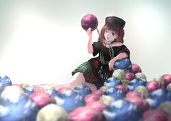  ball_pit bare_shoulders barefoot chains clothes_writing collar commentary_request earth_(planet) female hat hecatia_lapislazuli ichiba_youichi looking_at_viewer moon off_shoulder open_mouth planet red_eyes red_hair shirt sitting skirt solo touhou 