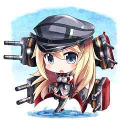  bismarck_(kancolle) bismarck_kai_(kancolle) blonde_hair blue_eyes blush breasts brown_gloves cannon chibi commentary_request detached_sleeves female gasuto_(kamikami) gloves grey_thighhighs hat kantai_collection long_hair medium_breasts military military_hat military_uniform peaked_cap solo thighhighs turret uniform 