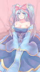  bare_shoulders blue_eyes blush bow breasts cleavage closed_mouth collarbone detached_sleeves female female hair_ornament hairbow large_breasts league_of_legends long_hair long_sleeves multicolored_hair red_bow sleeves_past_wrists smile solo sona_buvelle twintails zhainan_s-jun 