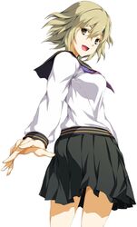  black_skirt blonde_hair blue_eyes female female game_cg long_sleeves looking_at_viewer manase_akira open_mouth school_uniform serafuku short_hair skirt smile solo soushuu_senshinkan_gakuen_hachimyoujin sousyu_sensinkan-gakuen_hachimyoujin white_background 