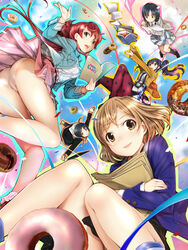  5girls ass blonde_hair blue_eyes blush book brown_eyes brown_hair candy computer_mouse doughnut envelope food green_eyes highres hugging_object imai_midori long_hair looking_at_viewer manila_envelope mikazuki_akira! miyamori_aoi multiple_girls open_book open_mouth panties pantyhose pantyshot papers pink_panties print_pantyhose reading red_hair sakaki_shizuka script shirobako short_hair skirt smile star_(symbol) star_print toudou_misa twintails underwear yasuhara_ema 