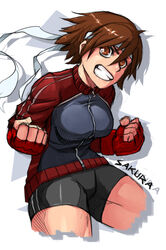  alternate_costume bad_deviantart_id bad_id bankage bike_shorts breasts brown_eyes brown_hair clenched_hands cropped_legs female fingerless_gloves gloves grin headband jacket kasugano_sakura medium_breasts red_gloves short_hair smile solo street_fighter street_fighter_iv_(series) thighs track_jacket 