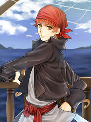  1boy bad_id bad_pixiv_id bandana emiya_shirou fate/stay_night fate_(series) male_focus mitsuki_mitsuno ocean orange_eyes pirate red_hair solo 