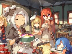  6+girls :q admiral_scheer_(warship_girls_r) ahoge annoyed apron aviere_(warship_girls_r) bad_food bad_link bare_shoulders black_gloves blonde_hair blue_hair blue_sweater can canned_food cannon chef_hat chibi closed_eyes closed_mouth cooking crossed_arms curtains cutting_board distress fish flat_cap fork garrison_cap gloves glowworm_(warship_girls_r) graf_spee_(warship_girls_r) hair_ornament hair_ribbon hairclip hat holding hotpot indoors knife ladle lifebuoy lino-lin long_hair looking_at_another looking_down low_twintails lying multiple_girls necktie official_art on_stomach open_mouth peaked_cap picture_frame plate pot purple_eyes quincy_(warship_girls_r) red_hair red_necktie ribbon ryuujou_(warship_girls_r) scarf shirt short_hair sitting sleeveless smile smoking spoken_skull standing striped_clothes striped_necktie striped_scarf sukhbaatar_(warship_girls_r) sweatdrop sweater sweater_vest swim_ring table tomato tongue tongue_out torpedo turret twintails vittorio_veneto_(warship_girls_r) warship_girls_r white_hair white_hat white_shirt window wooden_chair wooden_table worried 