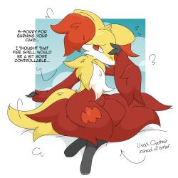  absurd_res anthro big_ears bodily_fluids delphox dialogue female fur generation_6_pokemon guzzlord420 hi_res inner_ear_fluff multicolored_body multicolored_fur nintendo pokemon pokemon_(species) red_body red_eyes red_fur sitting solo sweat sweatdrop thick_thighs tuft white_body white_fur wide_hips yellow_body yellow_fur 