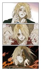  3boys absurdres androgynous arlecchino_the_blood_artist bags_under_eyes blonde_hair blood blue_eyes border coat commentary_request crying dark_persona fire guragamja highres holding_hands korean_commentary lies_of_p lies_of_p:_overture long_hair male_focus medium_hair multiple_boys multiple_views nosebleed open_mouth pinocchio_(lies_of_p) puppet romeo_(lies_of_p) romeo_king_of_puppets sad shirt single_mechanical_eye smile streaming_tears tears white_border white_coat white_shirt 