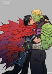  2boys art billy_kaplan black_hair blonde_hair canon_couple crisart cute dorrek_viii earrings gay green_skin hand_on_back hand_on_shoulder homosexual hulkling male male/male male_only marvel muscular_male romantic_couple superhero superhero_costume teddy_altman uncensored wiccan yaoi young_avengers 