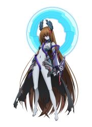  absurdres armor barefoot blindfold brown_hair colored_skin commentary_request convenient_censoring corruption dark_persona detached_sleeves faulds female full_body gauntlets grey_skin halo highres long_hair lyrical_nanoha mahou_shoujo_lyrical_nanoha nachtwal navel oshimaru026 pile_bunker plantar_flexion revealing_clothes snake solo very_long_hair waist_cape white_background yagami_hayate 