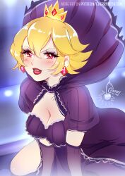  artist_name ball_gown blonde_hair breasts cherry_in_the_sun cleavage commentary corruption crown dark_persona dress earrings elbow_gloves english_commentary female gloves jewelry looking_at_viewer mario mario_(series) medici_collar nintendo paper_mario paper_mario:_the_thousand-year_door patreon_username possessed princess_peach purple_dress red_eyes shadow_queen short_hair sitting smile solo 