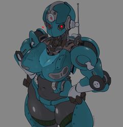  assaultron assaultron_(fallout) athletic_female belly belly_button bethesda_softworks blush breasts claw_hands fallout female female_only greyscale guityg hands_on_hips heart large_breasts red_eyes robot robot_girl robot_humanoid simple_background solo solo_female solo_focus solo_robot thick_thighs thigh_squish thighs waa153 