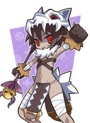  :&lt; :o animal_skull bandaged_leg bandaged_wrist bandages belt_bra border brown_hair dark_skin demon_girl disgaea female flat_chest gloves groin highres loincloth mage_staff makai_senki_disgaea_3 navel open_mouth pointy_ears purple_background red_eyes shaman_(disgaea) shiny_skin short_hair skull skull_background skull_on_head skull_staff staff suaman white_border 