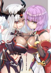  archdevil&#039;s_shadow_(epic_seven) arms_under_breasts bare_shoulders blush breast_press breasts covered_navel dark_persona dual_persona epic_seven hands_on_own_breasts happy_new_year horns large_breasts looking_at_viewer mercedes_(epic_seven) navel orange_eyes pout purple_hair short_hair symmetrical_docking white_hair windfeathers yellow_eyes 