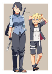  1boy 1girls age_difference belt black_eyes black_hair black_nail_polish black_nails black_toenails blonde_hair blue_eyes boruto:_naruto_next_generations breasts clothed clothing erect_nipples erect_nipples_under_clothes female fingerless_gloves foot_fetish footwear fully_clothed gender_transformation genderswap_(mtf) gloves hair_over_one_eye jacket long_hair magi mature mature_female medium_breasts milf naruto naruto_(series) nipple_bulge open_toe_shoes painted_nails painted_toenails perky_breasts ponytail rule_63 sandals sasuke_uchiha sasuko sexy_no_jutsu shorts shounen_jump standing student sweat sweatdrop sword teacher teacher_and_student teenager tied_hair toes uzumaki_boruto very_long_hair voluptuous 