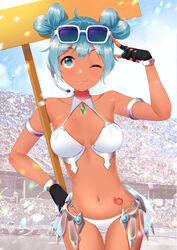  bad_id bad_pixiv_id bikini black_gloves blue_eyes blue_hair blue_nails blush breasts cleavage closed_mouth collarbone dark-skinned_female dark_skin double_bun eyewear_on_head female fingerless_gloves furururu gloves goodsmile_company goodsmile_racing hair_bun hatsune_miku headset heart_hair_bun highres looking_at_viewer medium_breasts nail_polish navel one_eye_closed racing_miku racing_miku_(2013) racing_miku_(2013_sepang_ver.) short_hair smile solo stomach sunglasses swimsuit tan thigh_gap transparent_wings vocaloid white_bikini 