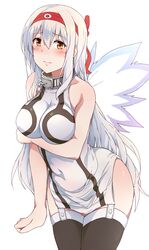  3: alternate_costume angel_wings arched_back bad_id bad_pixiv_id bare_shoulders black_thighhighs blush breasts chains collar commentary_request cosplay covered_navel dress female garter_straps hair_between_eyes hairband highres kantai_collection large_breasts long_hair nomizu_iori nymph_(sora_no_otoshimono) nymph_(sora_no_otoshimono)_(cosplay) short_dress shoukaku_(kancolle) simple_background solo sora_no_otoshimono suisen_toire_(moko924) thighhighs voice_actor_connection white_background white_hair wings 