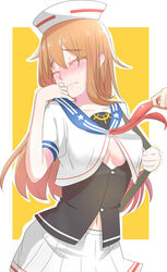  bad_id bad_pixiv_id blush breasts cleavage closed_eyes female full-face_blush hat highres long_hair lulu_heika medium_breasts neckerchief northampton_(warship_girls_r) orange_hair out_of_frame sailor_hat skirt solo_focus strap tears trembling warship_girls_r wavy_mouth 