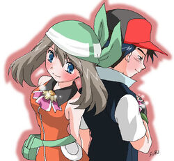  1boy alternate_costume bag bandana bare_shoulders baseball_cap belt black_eyes black_hair blue_eyes breasts brown_hair couple ear female fingerless_gloves gloves green_eyes handbag happy haruka_(pokemon) haruka_(pokemon_emerald) hat long_hair lowres medal nintendo pokemon pokemon_(anime) purse satoshi_(pokemon) short_hair simple_background small_breasts smile spiked_hair twintails white_background 