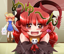  +_+ 2girls ahoge blonde_hair blush borrowed_character commentary_request crossover demon_girl demon_horns demon_tail elbow_gloves emphasis_lines fairy fairy_wings fangs flat_chest gloves horns long_hair maou_beluzel meyuu_(kso) mini_person minigirl miso_panda multiple_girls open_mouth original photoshop_(medium) pigeon-toed pointy_ears red_eyes red_hair smile socks tail v_arms wings yuusha_to_maou 