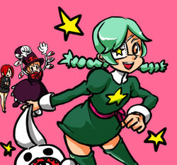  3girls annie_(skullgirls) annie_of_the_stars braid braided_hair eyepatch female gloves green_hair hair_over_one_eye hat long_hair lowres mechanical_arms mechanicla_arms multiple_girls open_mouth parasoul_(skullgirls) peacock_(skullgirls) red_eyes red_hair sagan_(skullgirls) short_hair skullgirls smile top_hat twin_braids yellow_eyes 