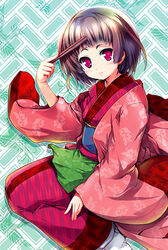  black_hair blush character_request checkered_background commentary_request female folded_fan folding_fan green_background hand_fan japanese_clothes kashi light_smile long_sleeves looking_at_viewer obi original paper_fan red_eyes sash short_hair simple_background smile socks solo tabi tareme white_socks wide_sleeves 