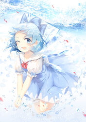  3000_xiao_chun absurdres blue_bow blue_eyes blue_hair blush bow cirno commentary female hairbow highres ice ice_wings looking_at_viewer one_eye_closed open_mouth photoshop_(medium) puffy_short_sleeves puffy_sleeves red_bow short_hair short_sleeves smile solo touhou underwater wings 