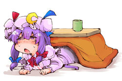  capelet commentary_request crescent cup dress female hair_ribbon hat kotatsu lying on_stomach open_clothes open_mouth patchouli_knowledge purple_eyes purple_hair ribbon shinapuu solo striped_clothes striped_dress sweat table touhou tress_ribbon under_kotatsu under_the_table yunomi 