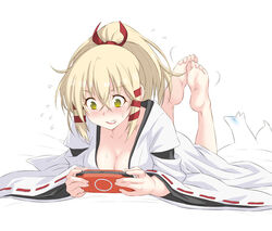  barefoot blonde_hair blush breasts cleavage clenched_teeth collarbone commentary_request feet feet_up female flying_sweatdrops full_body green_eyes handheld_game_console holding inari_konkon_koi_iroha. japanese_clothes kazuma_muramasa large_breasts legs_up lying on_stomach photoshop_(medium) playing_games playstation_portable ponytail ribbon ribbon-trimmed_sleeves ribbon_trim sidelocks soles solo teeth the_pose uka-no-mitama-no-kami_(inakon) white_background wide_sleeves 