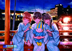  3girls absurdres black_hair bokura_wa_minna_kawaisou brown_hair closed_eyes creator_connection crossover dated girl_sandwich highres japanese_clothes kawai_ritsu kimono kurahashi_riko love_lab_(manga) maki_natsuo miyahara_ruri multiple_girls official_art outdoors photoshop_(medium) red_eyes sandwiched short_hair yukata 