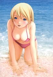  absurdres bikini blonde_hair blue_eyes breasts btooom! cleavage female fingernails highres himiko_(btooom!) inoue_jun&#039;ya leaning_forward long_fingernails long_hair navel official_art solo swimsuit 