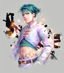  1boy bad_id bad_tumblr_id crop_top diamond_wa_kudakenai earrings green_eyes green_hair grey_background headband jewelry jojo_no_kimyou_na_bouken jostarjo kishibe_rohan male_focus midriff navel solo sparkle upper_body 