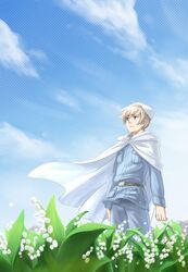  1boy alone axis_powers_hetalia beret blonde_hair cloak cloud cross day field finland_(hetalia) male_focus military_uniform nature sky solo 