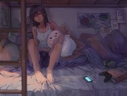  barefoot black_hair book brown_eyes commentary_request controller digital_media_player einri female game_controller highres holding holding_stuffed_toy indoors ladder looking_at_viewer on_bed original pillow pokemon pokemon_move poster_(object) shorts sitting solo stuffed_animal stuffed_toy substitute_(pokemon) 