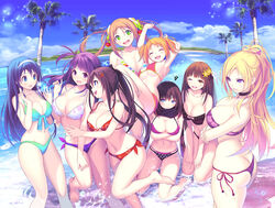  6+girls :d ;d ^_^ absurdres armpits arms_up ass bangs banned_artist bare_legs barefoot beach bikini black_scarf blonde_hair blue_eyes blue_hair blunt_bangs breasts brown_eyes brown_hair choker cleavage closed_eyes crossed_arms day echigoya_(valkyrie_drive) flower front-tie_bikini front-tie_top green_bikini green_eyes hair_flower hair_ornament hairband hairclip highres inagawa_mana kagurazaka_ranka kagurazaka_rinka kneeling kuzuryuu_momo large_breasts mana_kakkowarai manpukumaru_chang multi-strapped_bikini multicolored multicolored_bikini multicolored_clothes multiple_girls navel one_eye_closed open_mouth orange_hair outdoors pink_bikini ponytail purple_bikini purple_eyes purple_hair scan scarf side-tie_bikini smile standing standing_on_one_leg strap_gap string_bikini striped striped_bikini swimsuit tsukikage_koharu twintails valkyrie_drive valkyrie_drive_-bhikkhuni- viola_(valkyrie_drive) 