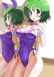  animal_ears bare_legs bare_shoulders blue_eyes bow bowtie breasts comic_party commentary_request detached_collar eyebrows fake_animal_ears female green_hair hands_on_own_chest highres large_breasts minawa_(hemo) mirror ooba_eimi photoshop_(medium) playboy_bunny rabbit_ears reflection revision short_hair solo standing wrist_cuffs 