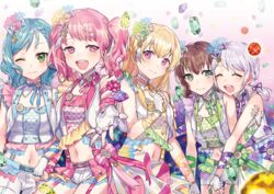  5girls :d ;) ^_^ aqua_hair bang_dream! blonde_hair blue_bow blue_bowtie blue_flower blue_ribbon blue_rose bow bowtie braid brown_hair clenched_hand closed_eyes commentary_request detached_collar fingerless_gloves flower frills garter_straps gem gloves green_bow green_bowtie green_eyes green_flower green_ribbons green_rose hair_flower hair_ornament hair_ribbon hairbow hikawa_hina long_hair looking_at_viewer maruyama_aya medium_hair multiple_girls navel neck_ribbon one_eye_closed open_mouth outstretched_hand overskirt pastel_palettes_(bang_dream!) pink_bow pink_bowtie pink_eyes pink_flower pink_hair pink_ribbon pink_rose purple_bow purple_bowtie purple_eyes purple_ribbon ribbon rose round_teeth shirasagi_chisato shorts side_braid smile striped striped_ribbon suspender_shorts suspenders teeth tiny_(tini3030) twin_braids twintails upper_teeth_only vest wakamiya_eve white_gloves white_hair wrist_ribbon yamato_maya yellow_bow yellow_bowtie yellow_flower yellow_ribbon yellow_rose 