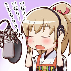  blonde_hair blush chibi closed_eyes commentary_request female hair_ribbon hands_on_headphones headphones inari_konkon_koi_iroha. japanese_clothes long_hair microphone miko minagi_(gogogo) music open_mouth ponytail ribbon singing solo translated tress_ribbon uka-no-mitama-no-kami_(inakon) 