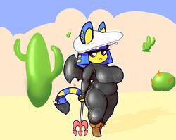  2017 animal_crossing ankha_(animal_crossing) anthro big_breasts black_eyes blue_hair boots breasts cactus clothed clothing costume desert digital_media_(artwork) domestic_cat egyptian eyelashes felid feline felis female footwear hair hat headgear headwear holding_object leather mammal melee_weapon miitopia nintendo noseless outside plant polearm short_stack sirphilliam slightly_chubby solo spear suit thick_thighs weapon wide_hips wings 