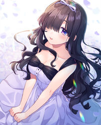  alternate_costume bare_arms bbbannooo black_hair breasts collarbone comic_girls commentary_request dress female fuura_suzu hair_over_eyes hair_ribbon long_hair looking_at_viewer medium_breasts photoshop_(medium) purple_eyes ribbon smile solo 