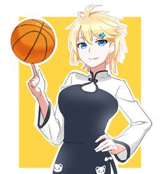  ahoge animal_print bad_id bad_pixiv_id ball basketball basketball_(object) bear_print blonde_hair blue_eyes chinese_clothes female hair_ornament hairclip hand_on_own_hip highres index_finger_raised looking_at_viewer lulu_heika panda_print short_hair smile solo tennessee_(warship_girls_r) upper_body warship_girls_r 