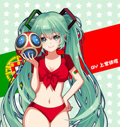  2018_fifa_world_cup aqua_eyes aqua_hair ball bikini bikini_bottom_only blush breasts chinese_commentary cleavage commentary_request cowboy_shot female front-tie_top green_background hair_between_eyes hand_on_own_hip hand_up hatsune_miku holding holding_ball jokanhiyou long_hair looking_at_viewer medium_breasts midriff navel pink_lips portugal portuguese_flag red_bikini red_shirt shirt short_sleeves smile soccer soccer_ball solo standing star_(symbol) starry_background stomach swimsuit thighs twintails very_long_hair vocaloid world_cup 