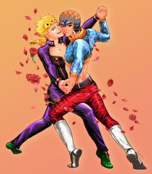  2boys adam&#039;s_apple animal_print black_eyes blonde_hair blue_eyes boots braid cheek-to-cheek crop_top dancing flower frances giorno_giovanna guido_mista hat heads_together interlocked_fingers jojo_no_kimyou_na_bouken midriff multiple_boys open_mouth petals rose rose_petals signature single_braid smile tiger_print tiptoes turtleneck vento_aureo white_footwear 