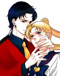  1boy bishoujo_senshi_sailor_moon bishoujo_senshi_sailor_moon_stars black_hair blonde_hair blue_bow blue_sailor_collar blush bow brooch commentary_request embarrassed female formal hakari1909 hands_on_another&#039;s_face heart heart_brooch jewelry juuban_high_school_uniform long_hair looking_at_viewer lowres necktie parted_lips ponytail sailor_collar school_uniform seiya_kou serafuku serious tsukino_usagi twintails white_background 