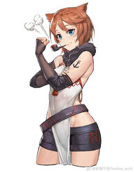  animal_ears belt black_gloves blue_eyes breasts brown_hair contrapposto covered_navel cowboy_shot elbow_gloves female fingerless_gloves gloves highres laffey_(warship_girls_r) looking_at_viewer pandea_work pelvic_curtain pipe pipe_in_mouth short_hair short_shorts shorts simple_background small_breasts smile solo tattoo warship_girls_r weibo_username white_background 