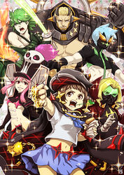  2girls 4boys bad_id bad_pixiv_id blonde_hair blue_hair brass_knuckles brown_hair flail food gamagoori_ira gamagoori_ira_(scourge_regalia) green_hair hat iduhara_jugo inumuta_houka inumuta_houka_(probe_regalia) iori_shirou jakuzure_nonon jakuzure_nonon_(symphony_regalia) kill_la_kill mankanshoku_mako multiple_boys multiple_girls navel photoshop_(medium) pink_hair sanageyama_uzu sanageyama_uzu_(blade_regalia) school_uniform serafuku shako_cap spoilers sword tailor_regalia weapon 