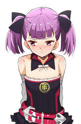  alternate_hairstyle bare_shoulders belt blush commentary_request fate/grand_order fate_(series) female flat_chest helena_blavatsky_(fate) highres jacket looking_away purple_eyes purple_hair sefirot shiime short_hair solo strapless twintails white_sleeves 