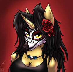  2016 amber_eyes amber_steel anthro black_hair black_nose bodypaint bone bust_portrait calavera calavera_face_paint canid canine day_of_the_dead equid equine face_paint female flower grin hair hasbro holidays horn jewelry looking_at_viewer mammal my_little_pony mythological_creature mythological_equine mythology necklace plant portrait red_background simple_background skull skull_face_paint smile solo tacticalfur unicorn yellow_eyes 