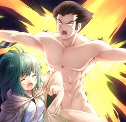  1boy abs black_hair closed_eyes clothed_female_nude_male collarbone commentary_request duel_monster female green_hair komimiyako misawa_daichi muscular my_body_as_a_shield no_pupils nude open_mouth outstretched_arms parody ponytail robe sidelocks spread_arms swept_bangs white_eyes wynn_(yu-gi-oh!) wynn_the_wind_charmer yu-gi-oh! yu-gi-oh!_gx 