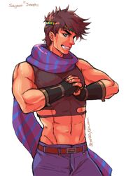  1boy abs battle_tendency blue_scarf brown_hair clenched_hand crop_top fingerless_gloves frances gloves green_eyes grin headband jojo_no_kimyou_na_bouken joseph_joestar joseph_joestar_(young) male_focus midriff muscular navel purple_scarf scarf signature simple_background smile solo striped_clothes striped_scarf tight_top triangle_print twitter_username white_background 