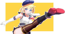  :o bad_id bad_pixiv_id beret blonde_hair blue_eyes boots bouncing_breasts breasts brown_thighhighs elbow_gloves female gloves hair_ornament hairclip hat high_kick highres kicking large_breasts lulu_heika midriff pleated_skirt sailor_collar short_hair skirt solo thighhighs warship_girls_r white_gloves yorktown_(warship_girls_r) 